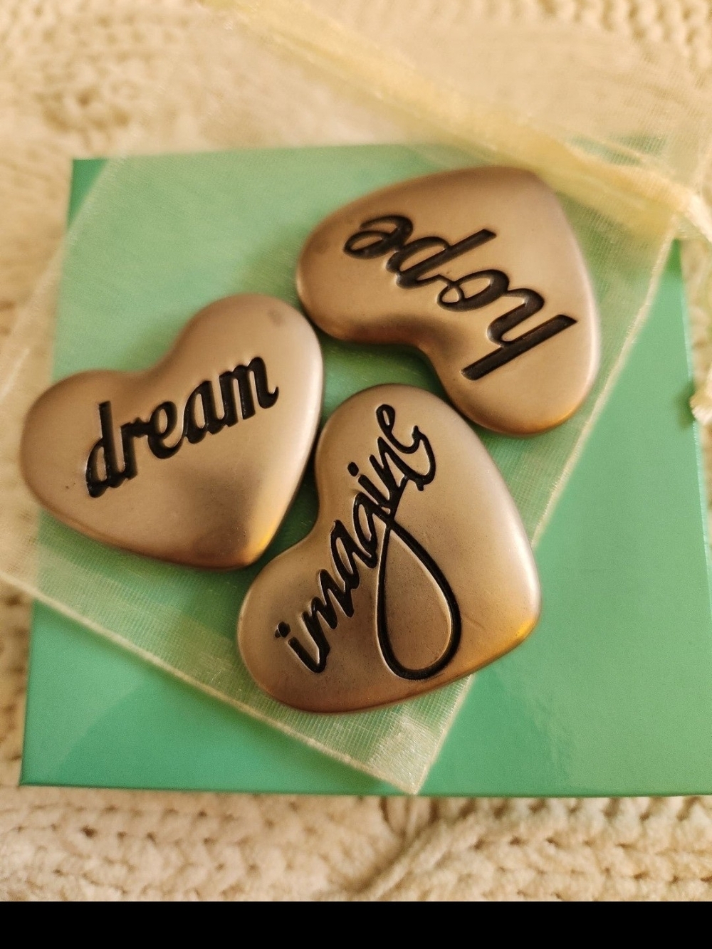Inspirational Heart Tokens - "dream, hope, imagine" - Brushed Pewter/ Silve Tone
